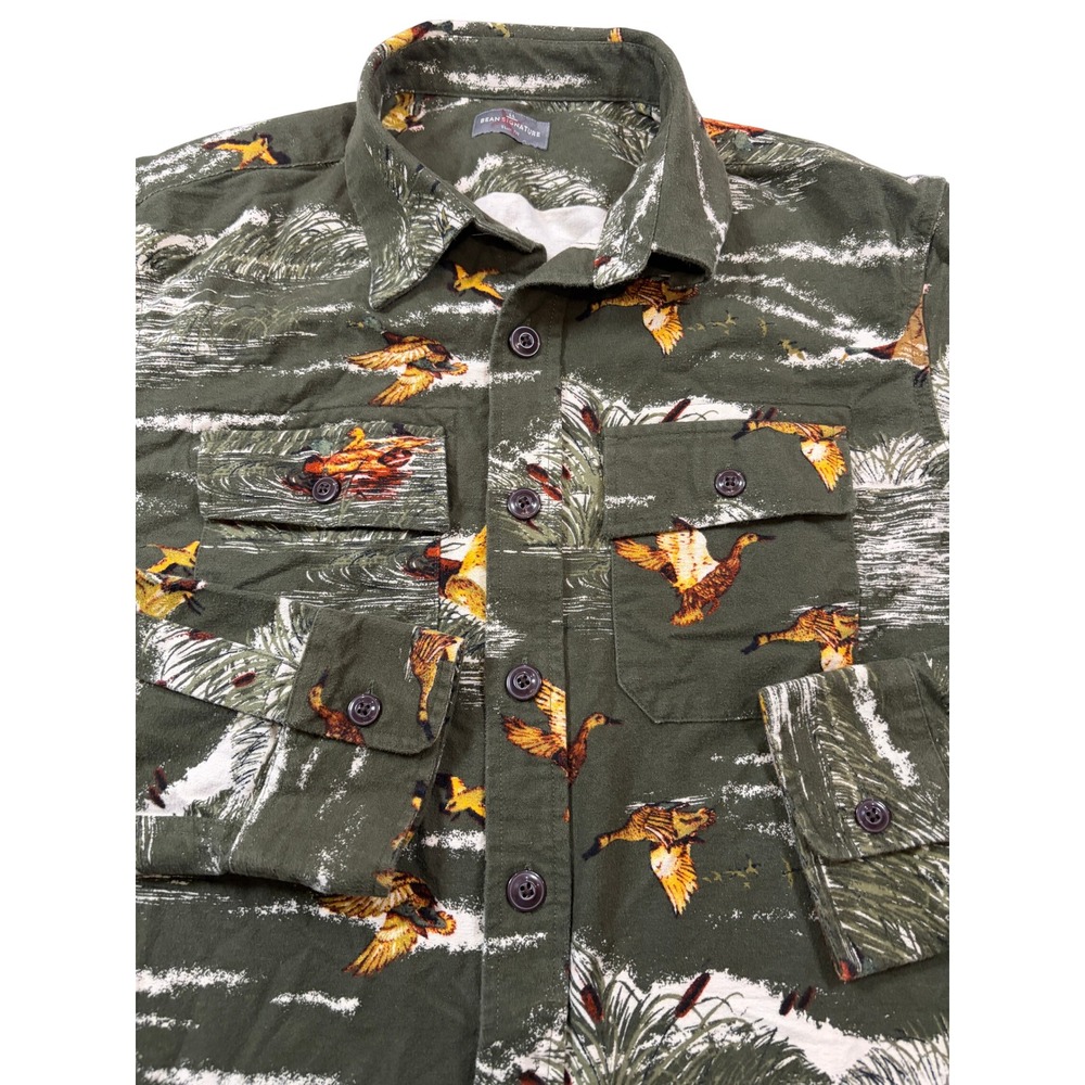 LL Bean Signature 1933 Chamois Cloth Shirt Mens LL Olive Duck VTG Print